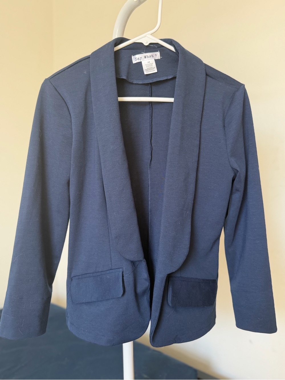 Say What? Women's Navy Blue Open-Front Blazer with Flap Pockets